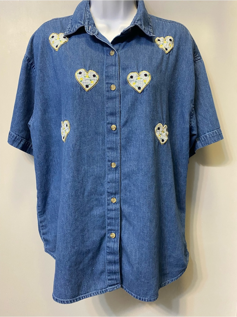 Vintage 90s maggie & max Denim Patchwork Heart Shirt L